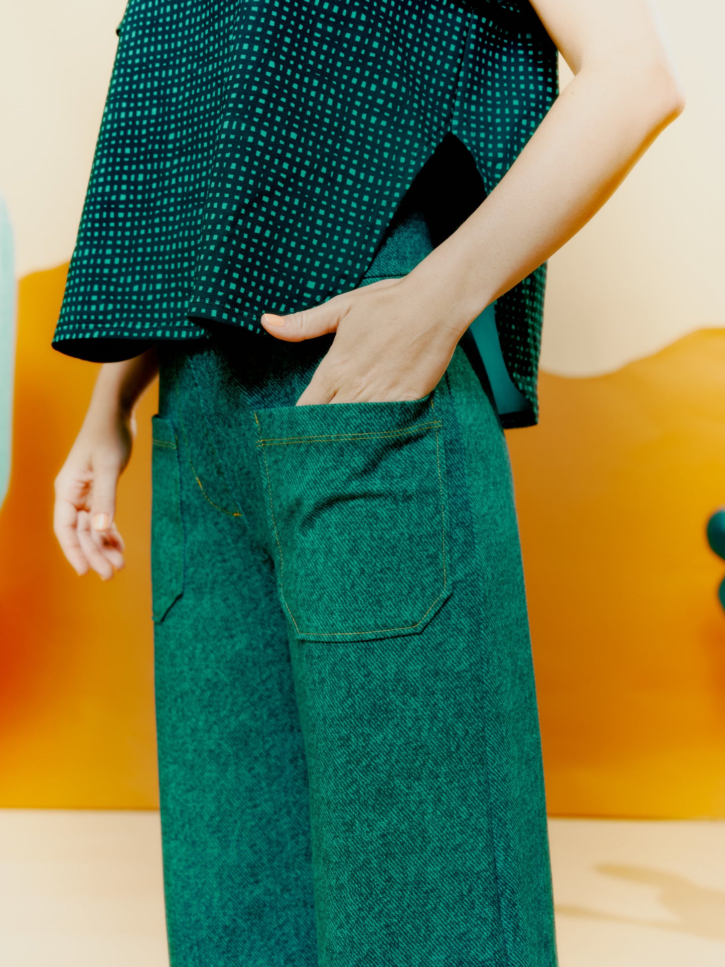 Wide Leg Trouser - Denim Print Green