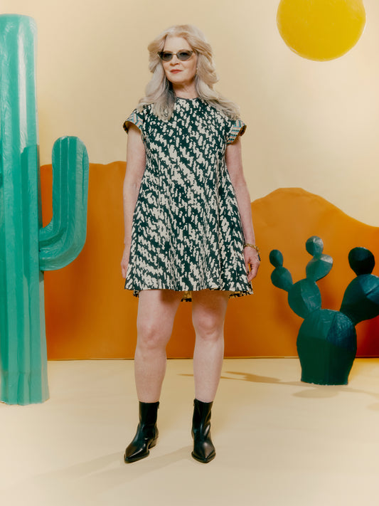 Drop Shoulder Pocket Dress - Blown Up Denim + Checkerboard Randomized Print