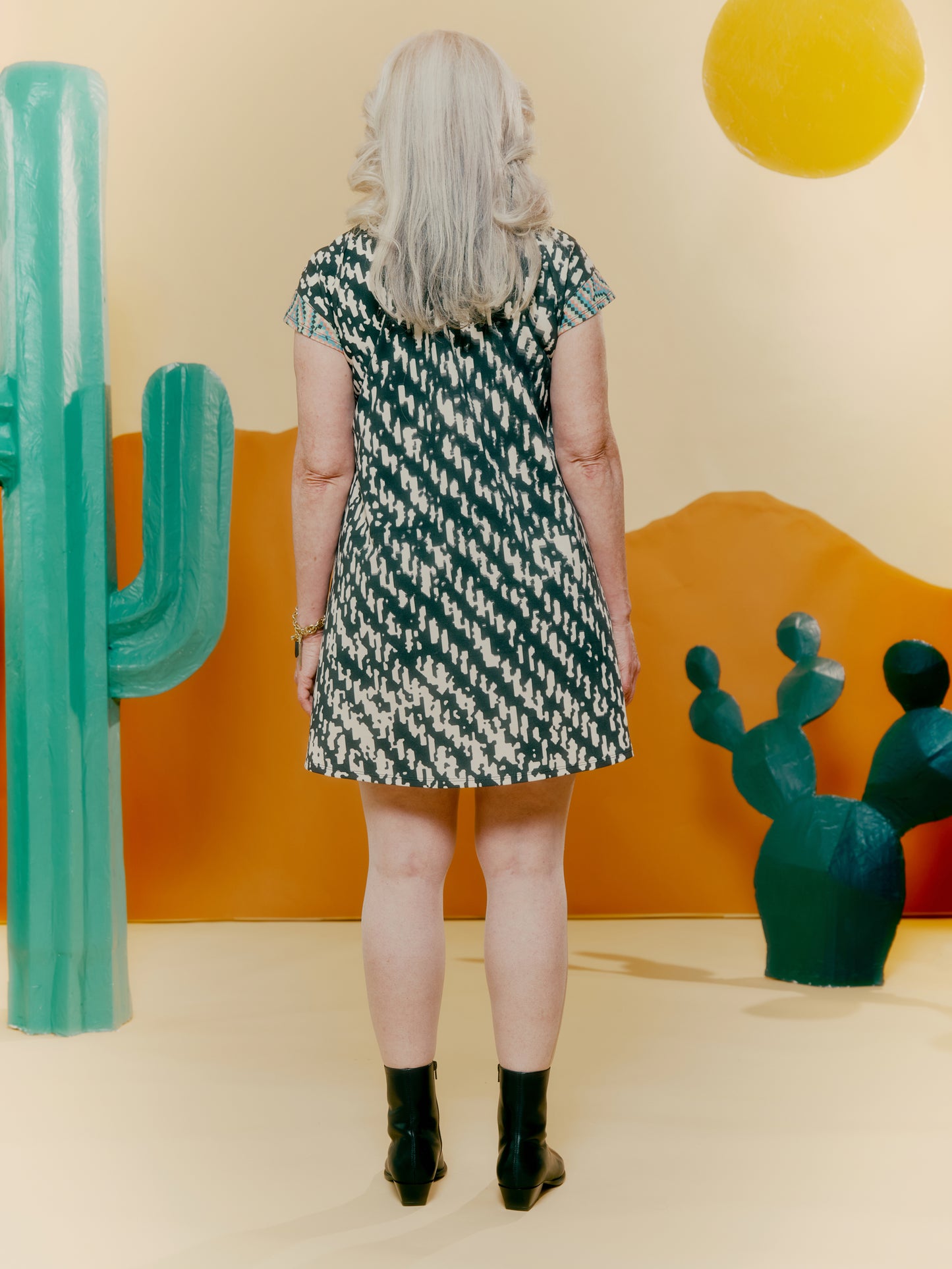 Drop Shoulder Pocket Dress - Blown Up Denim + Checkerboard Randomized Print