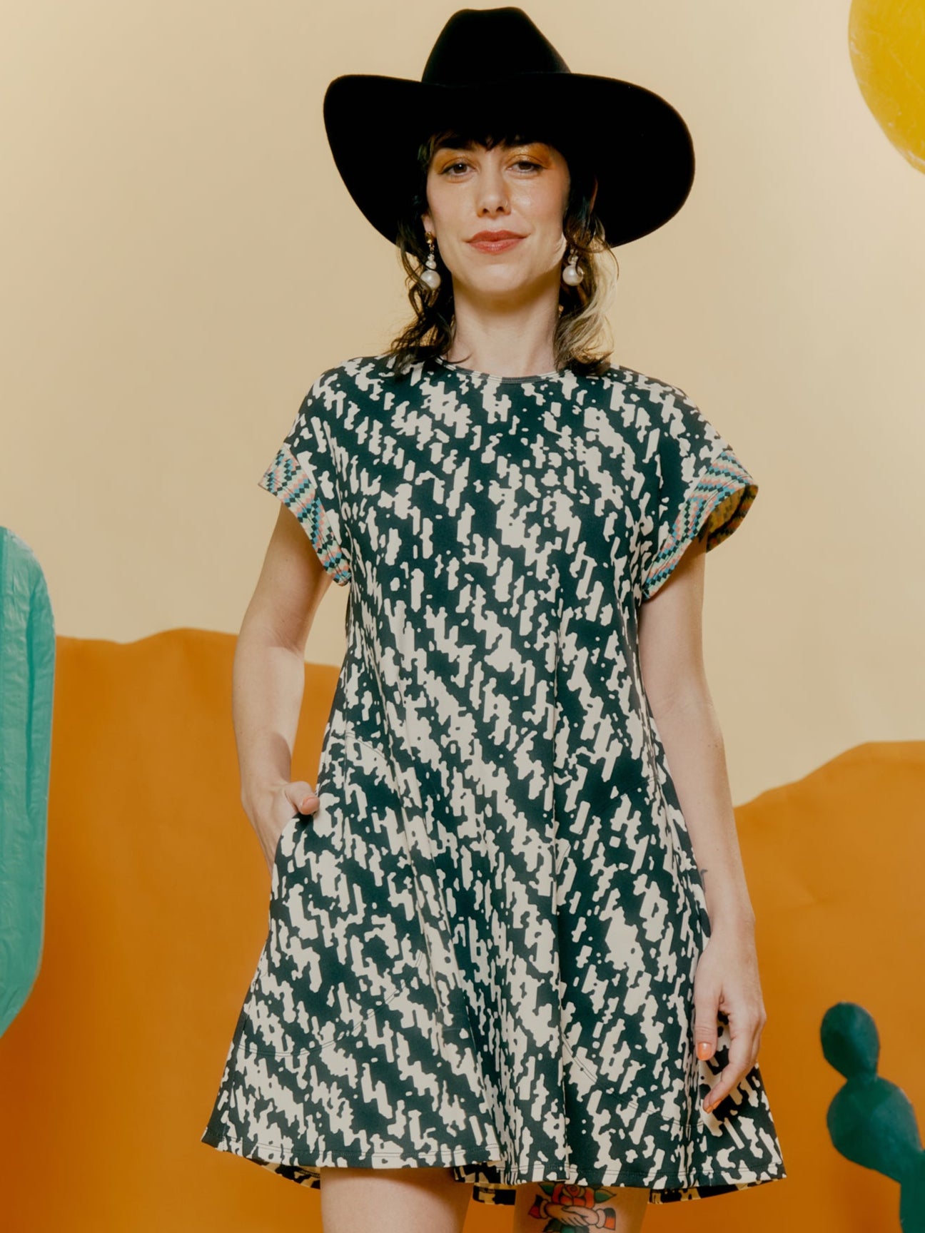 Drop Shoulder Pocket Dress - Blown Up Denim + Checkerboard Randomized Print