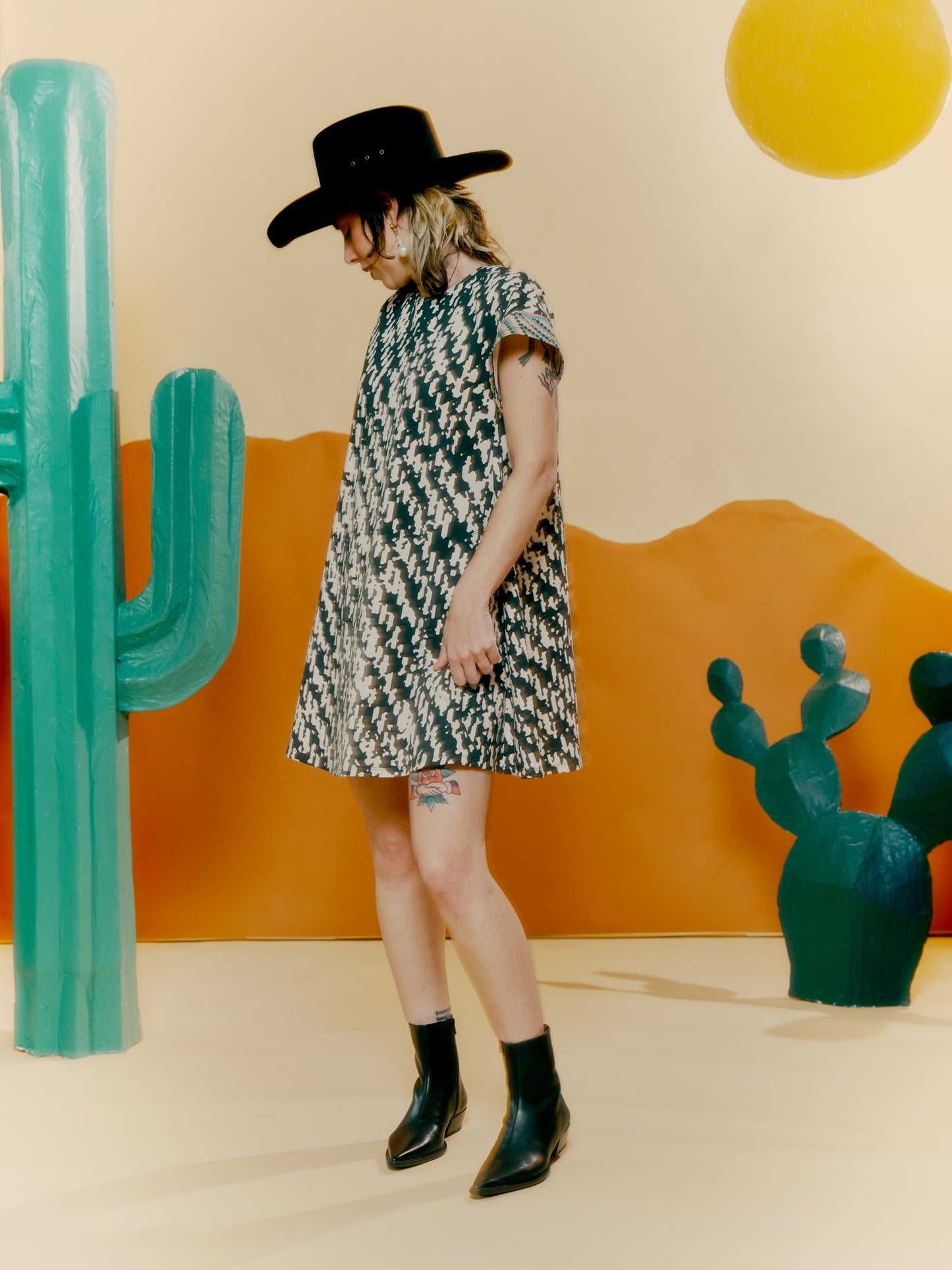 Drop Shoulder Pocket Dress - Blown Up Denim + Checkerboard Randomized Print