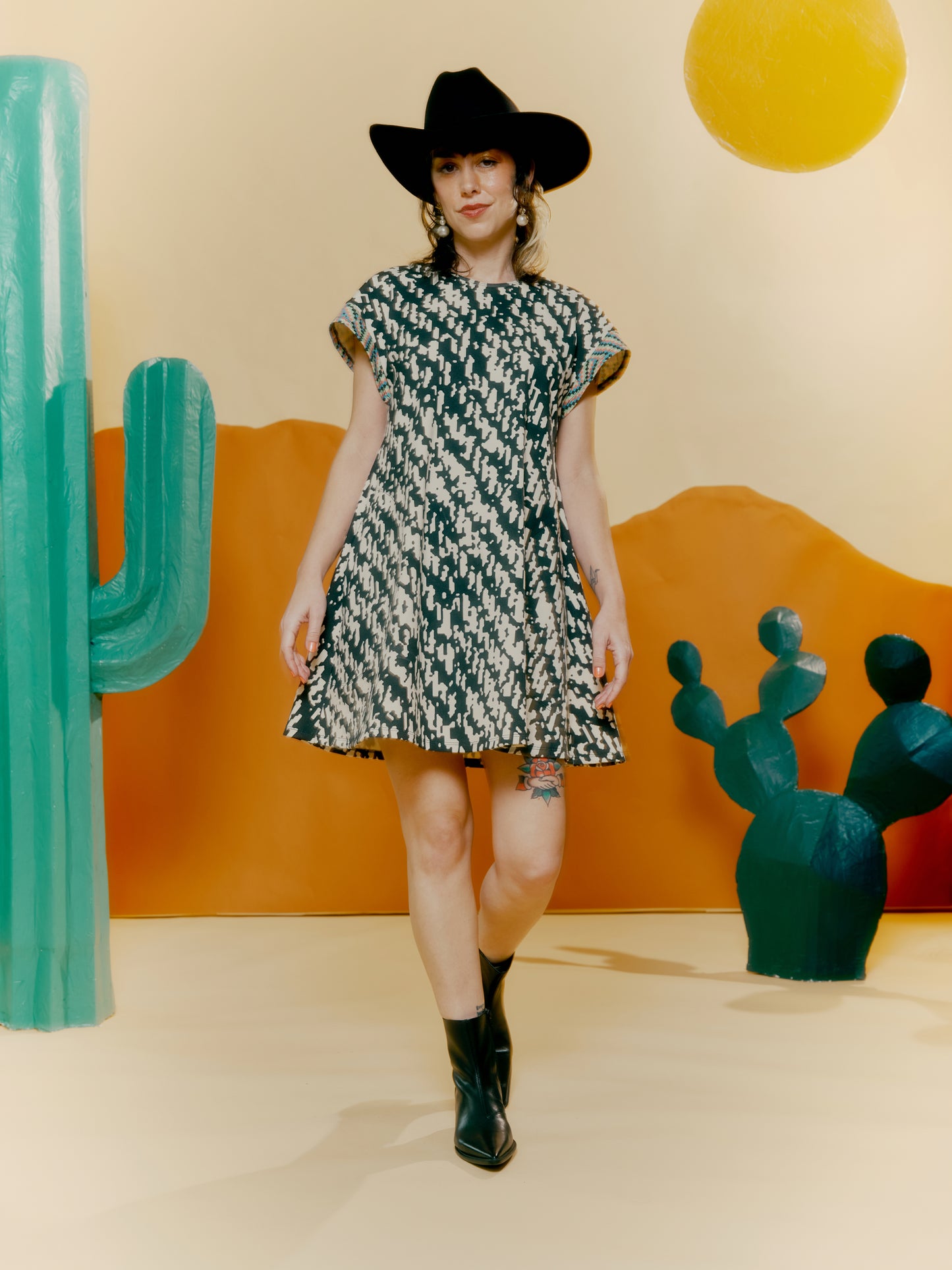Drop Shoulder Pocket Dress - Blown Up Denim + Checkerboard Randomized Print