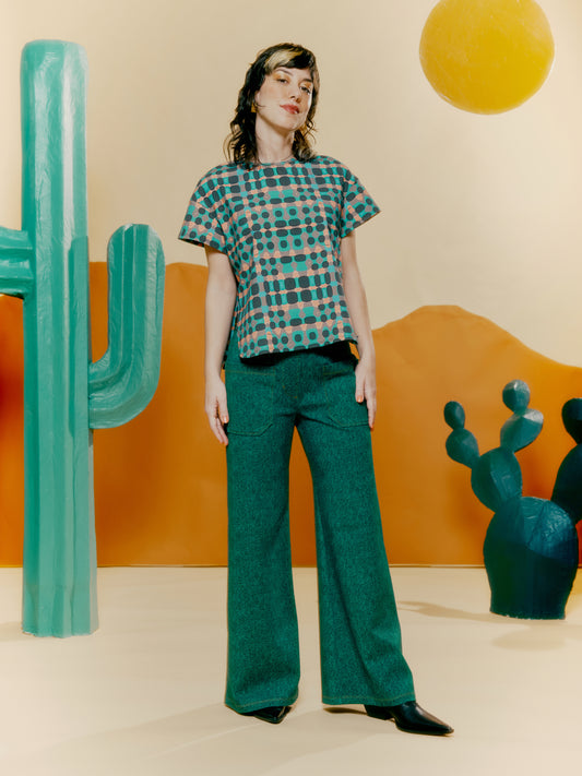 Wide Leg Trouser - Denim Print Green