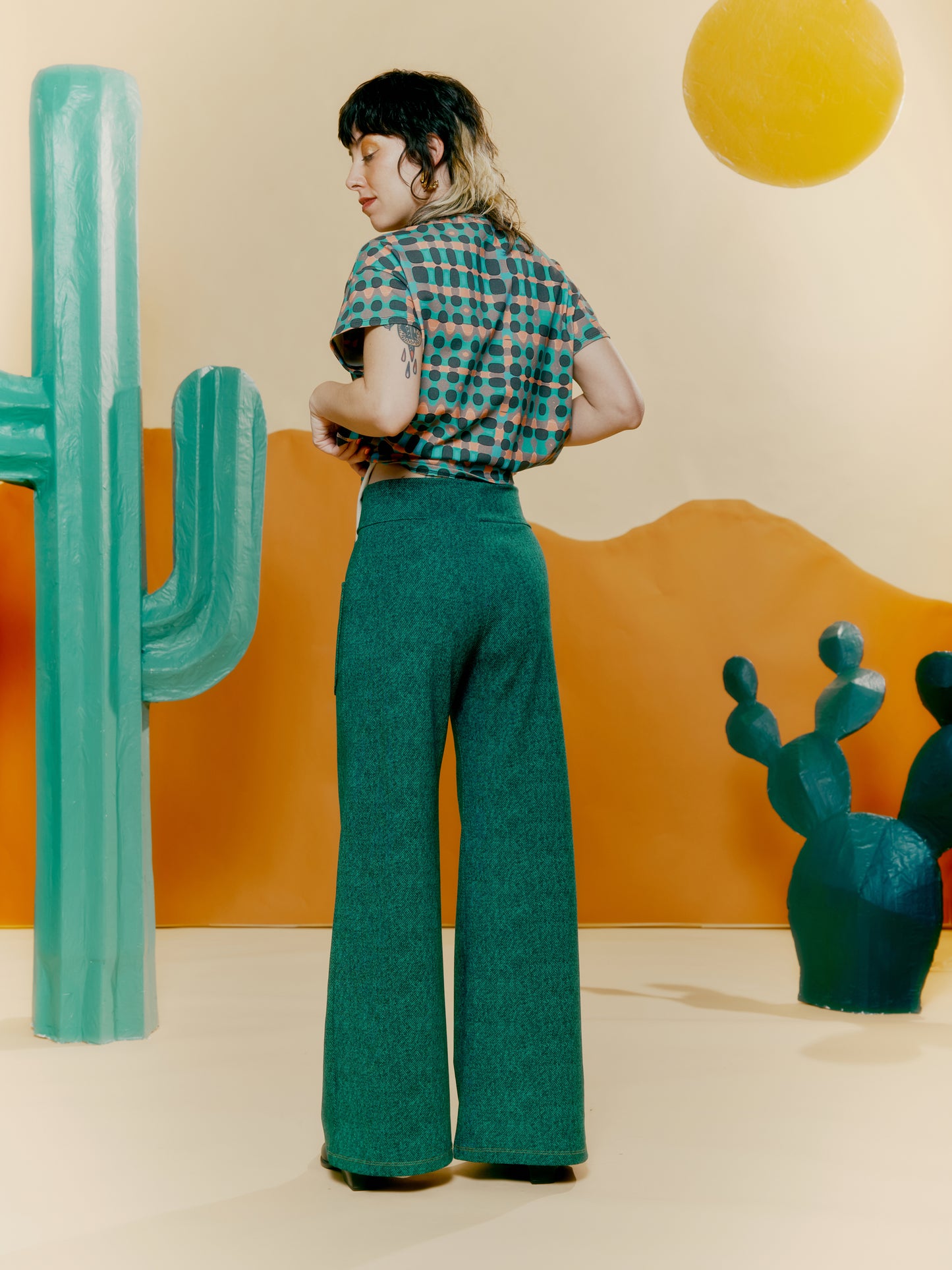 Wide Leg Trouser - Denim Print Green