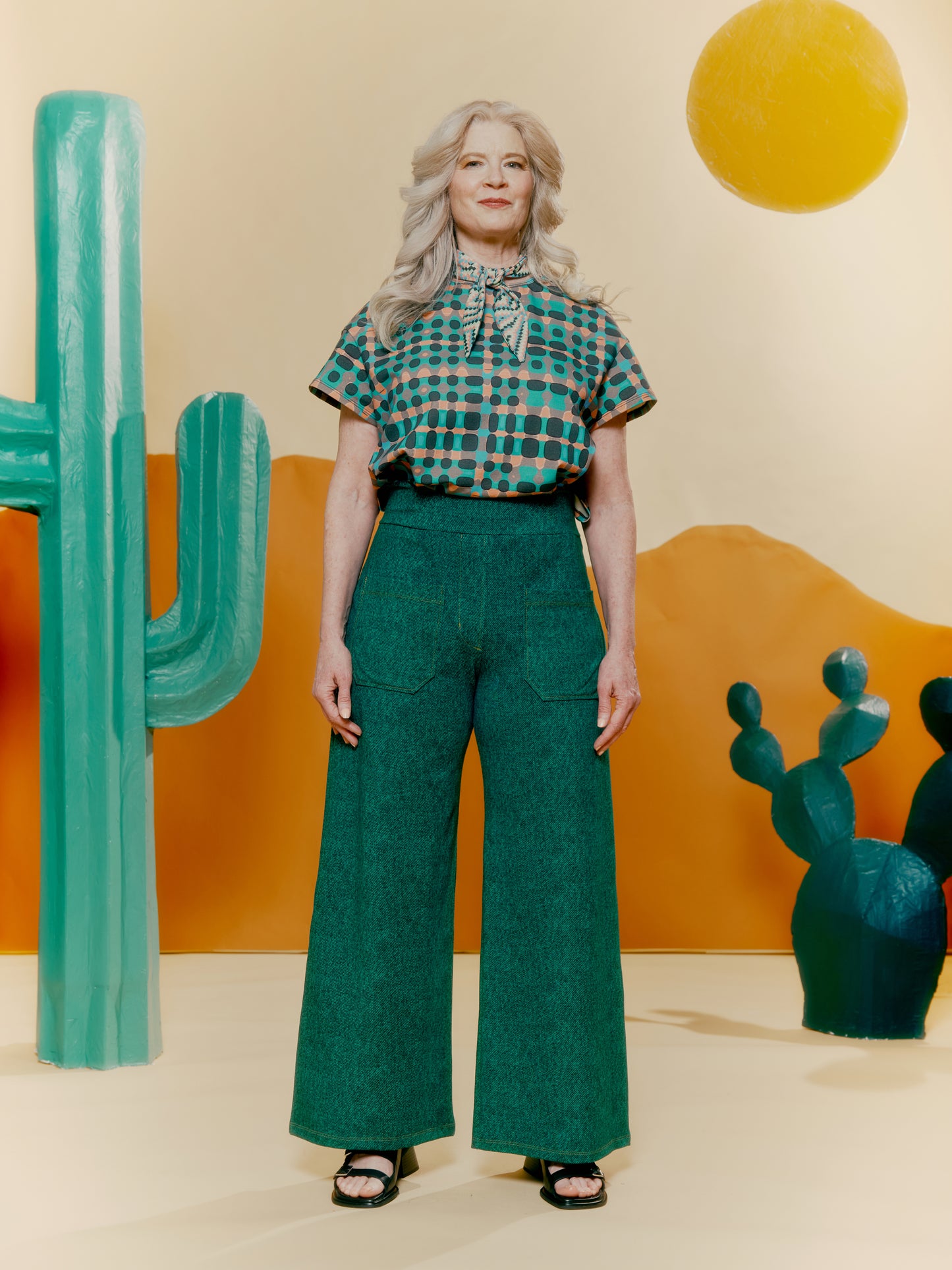 Wide Leg Trouser - Denim Print Green
