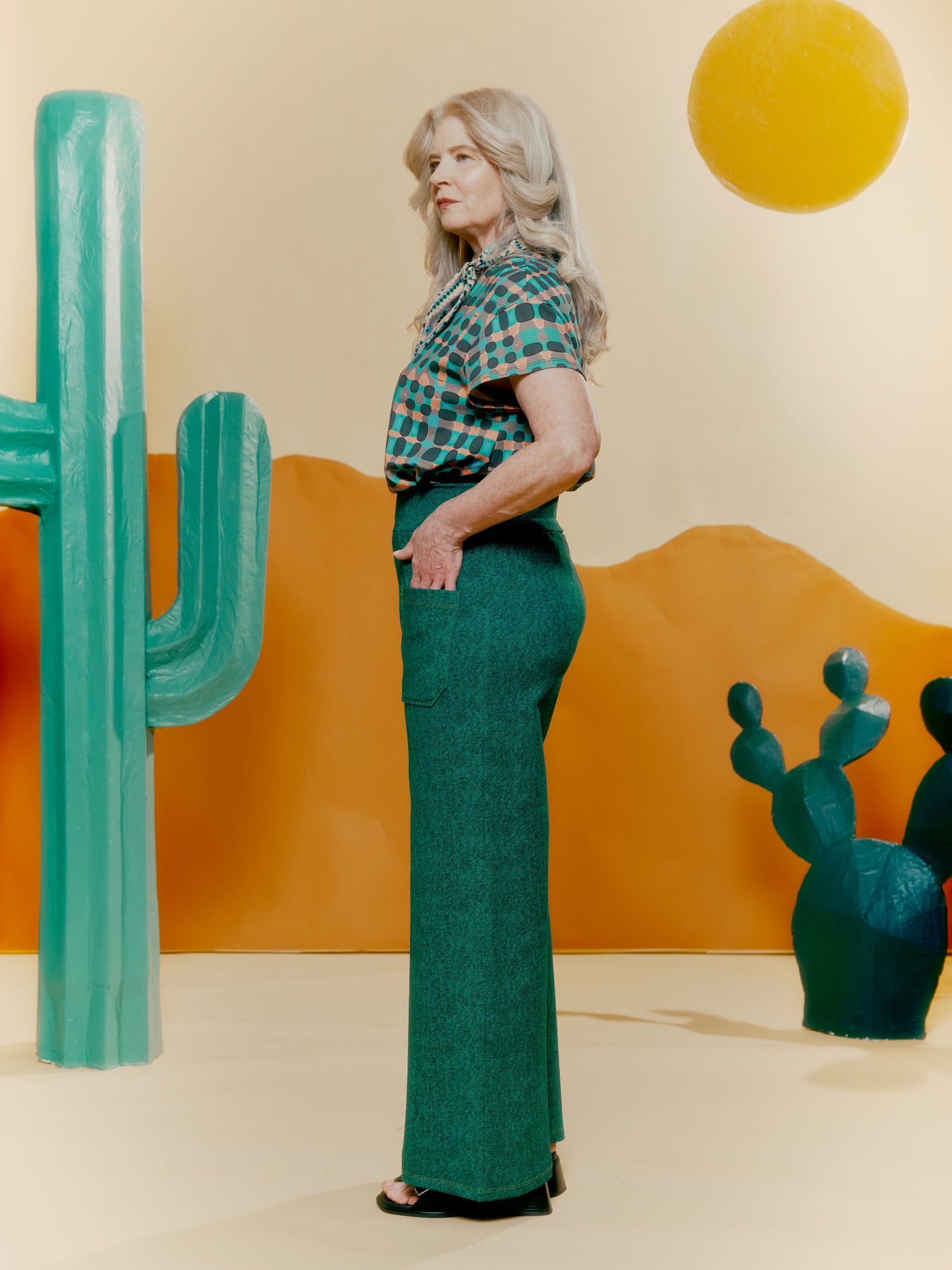 Wide Leg Trouser - Denim Print Green