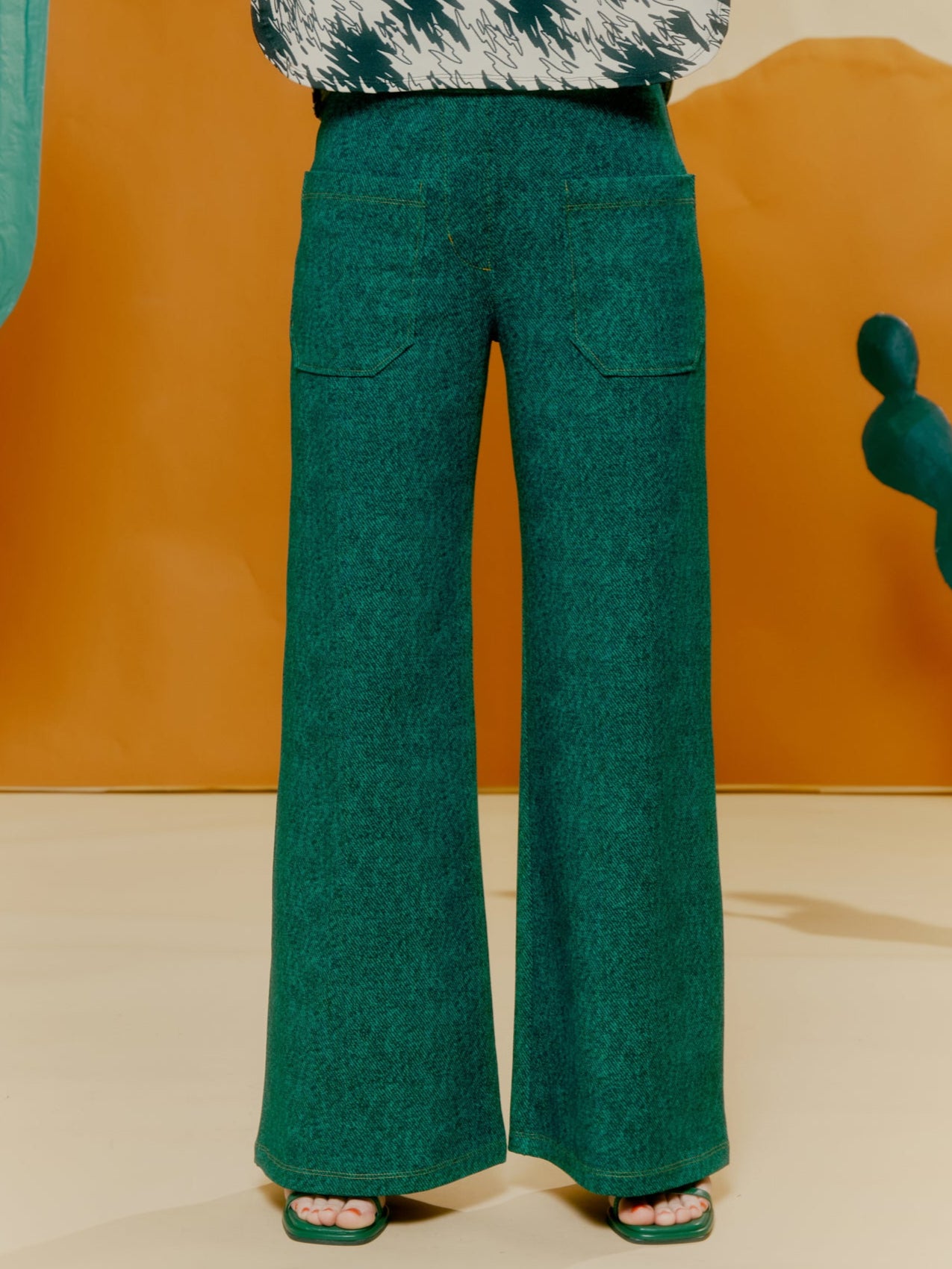 Wide Leg Trouser - Denim Print Green