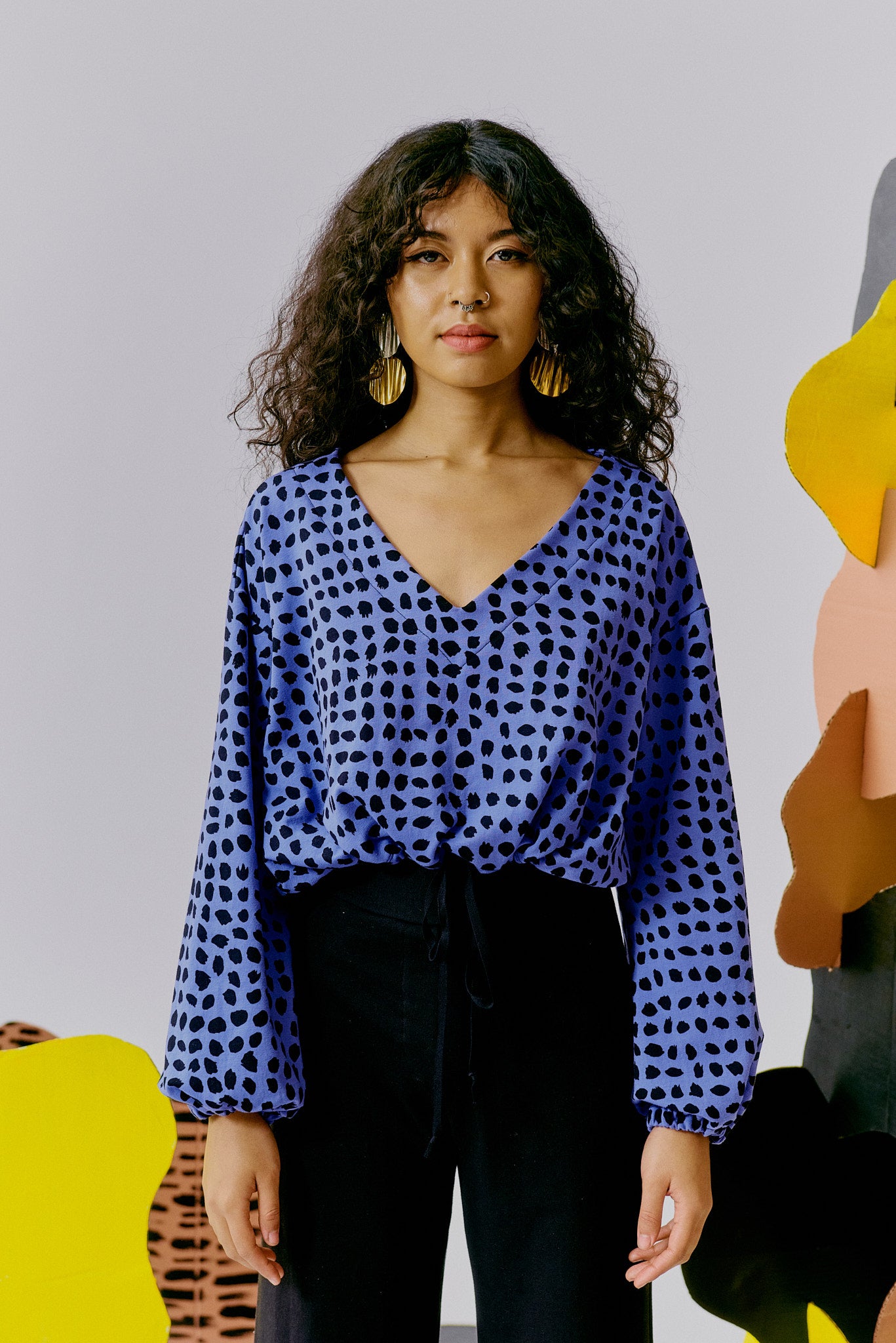 Cropped Drawstring Sweatshirt - Cornflower Spots