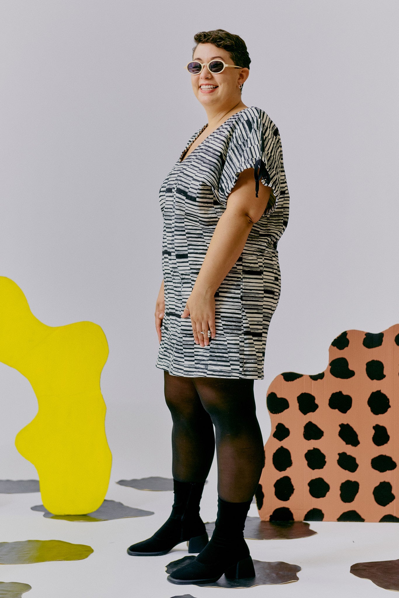 V Neck Shift Dress - Cream Ink Dash