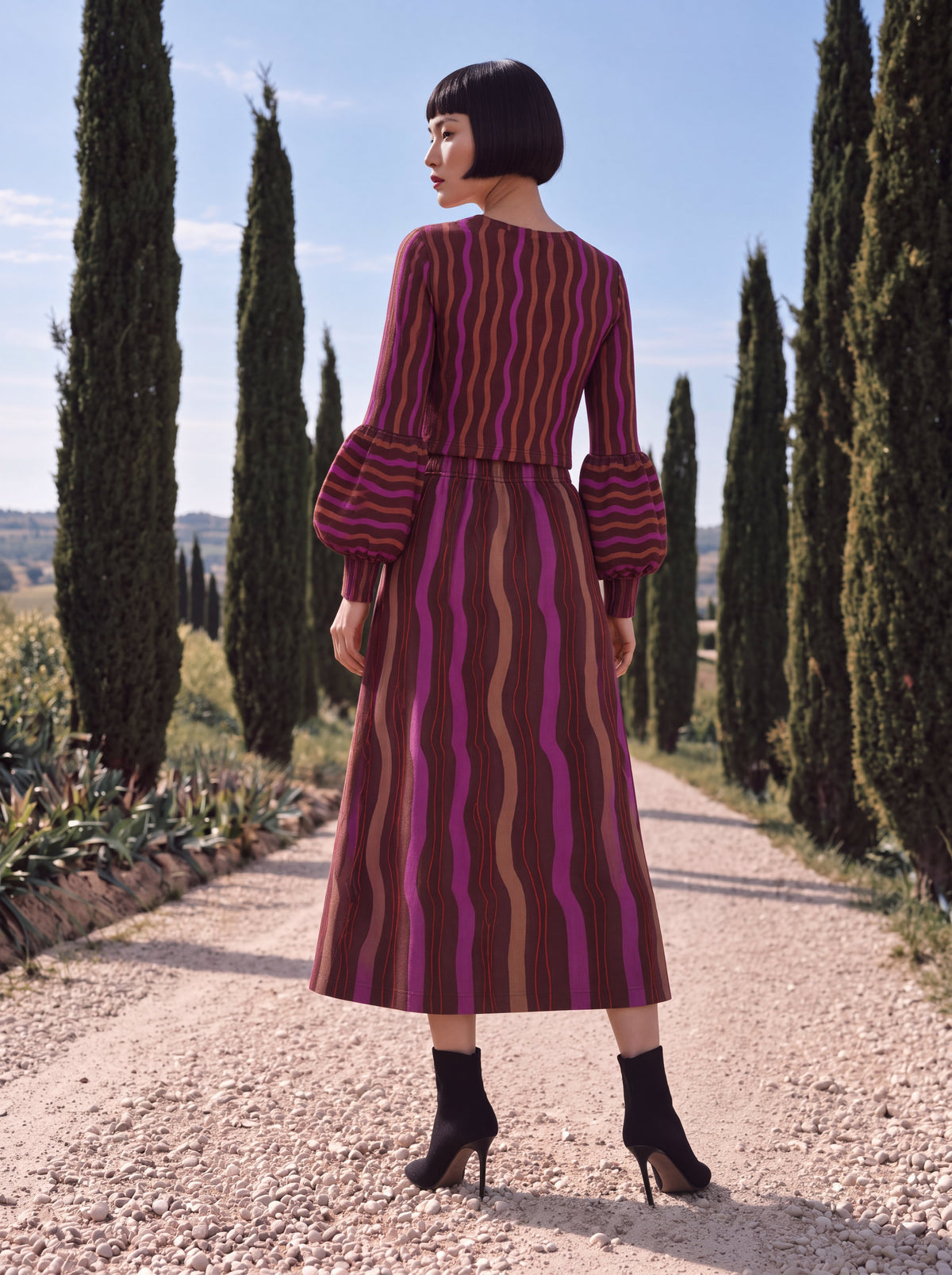 Jersey Midi Skirt with Pockets - Wavy Stripes