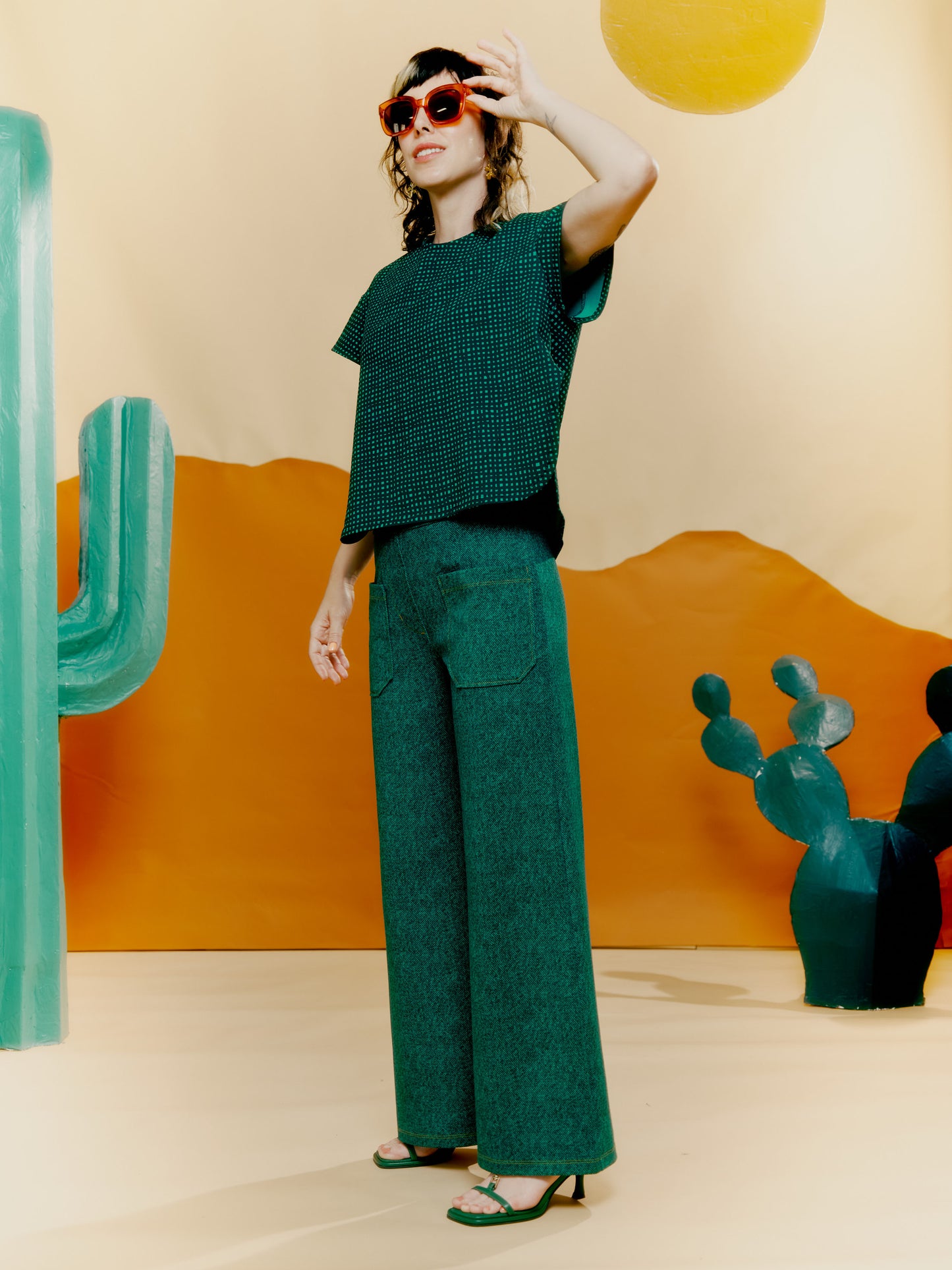 Wide Leg Trouser - Denim Print Green