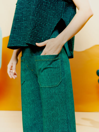 Wide Leg Trouser - Denim Print Green
