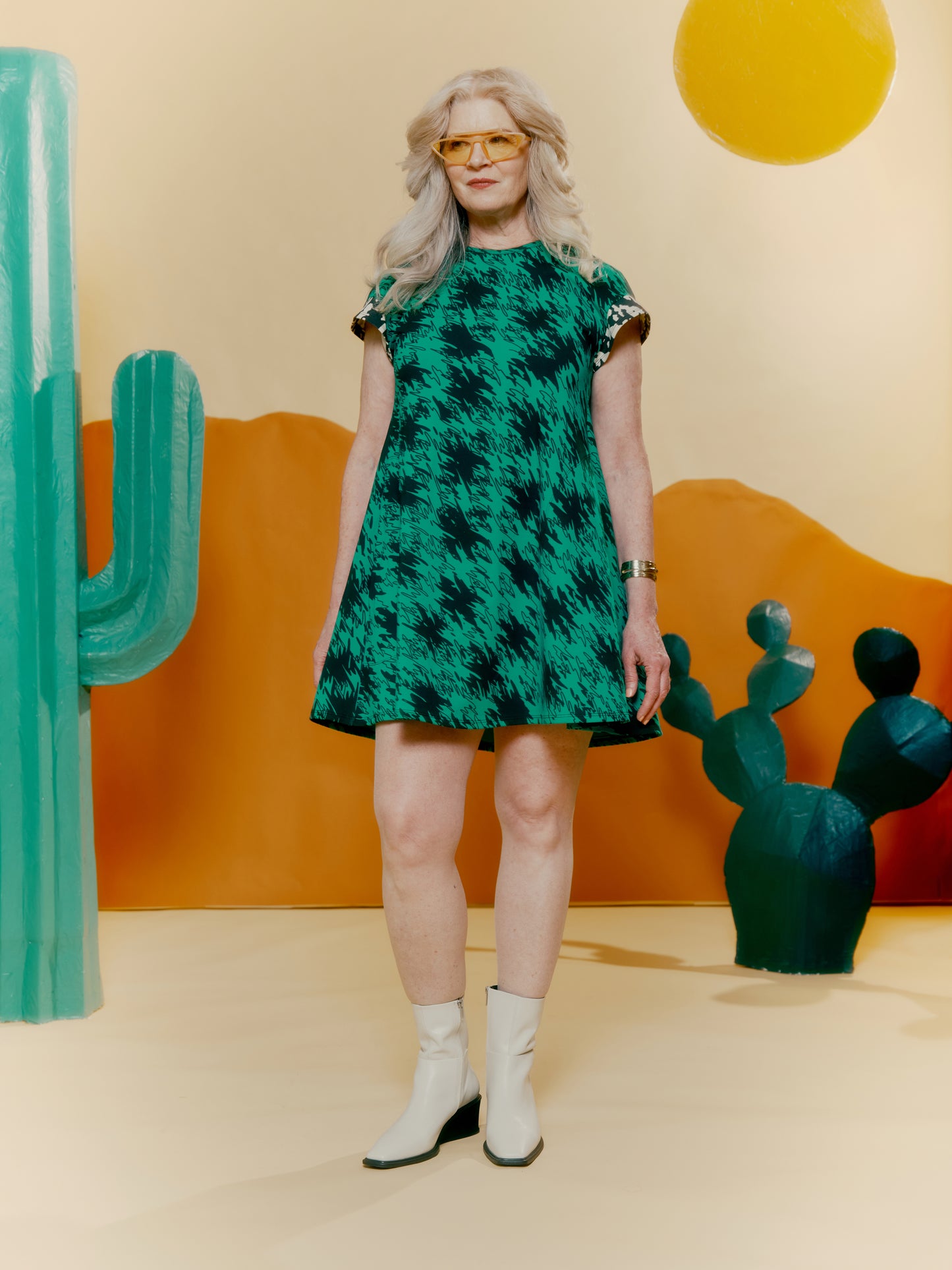 Drop Shoulder Pocket Dress - Houndstooth Print Green + Blown Up Denim Print