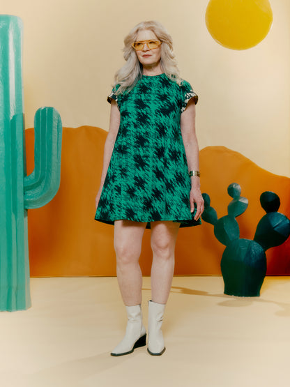 Drop Shoulder Pocket Dress - Houndstooth Print Green + Blown Up Denim Print