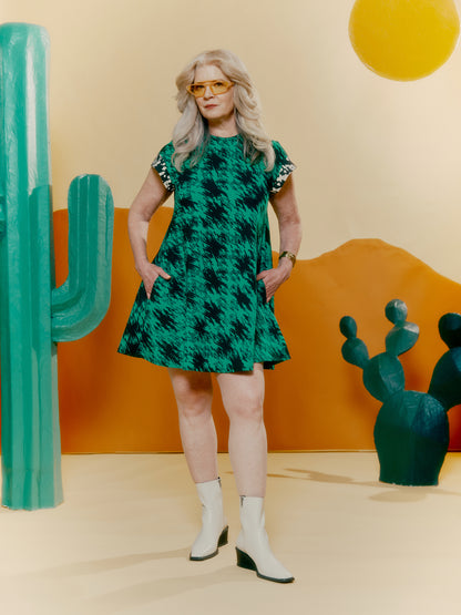 Drop Shoulder Pocket Dress - Houndstooth Print Green + Blown Up Denim Print
