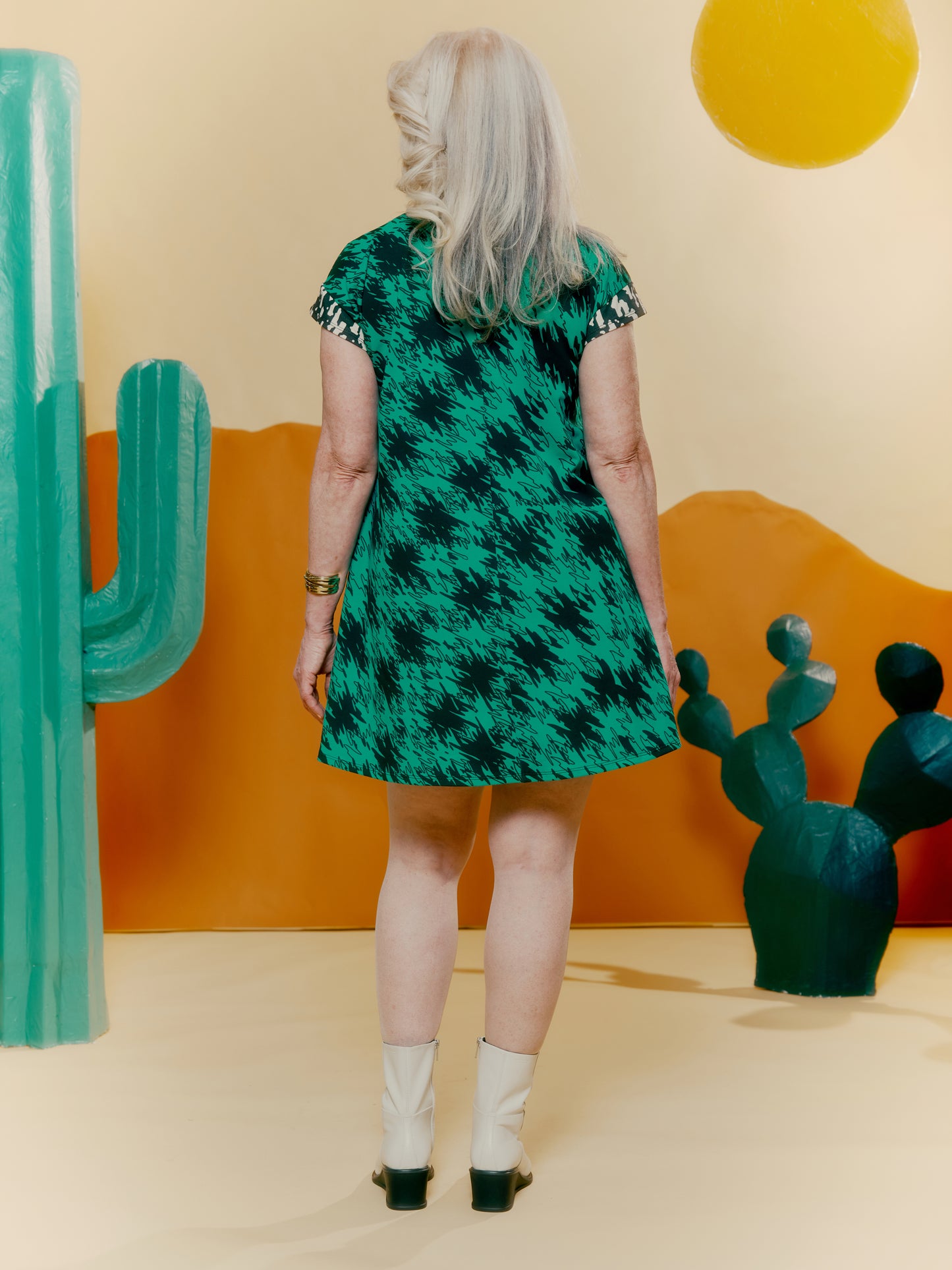 Drop Shoulder Pocket Dress - Houndstooth Print Green + Blown Up Denim Print