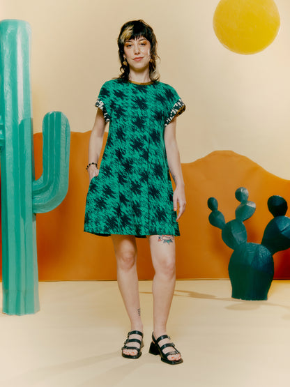 Drop Shoulder Pocket Dress - Houndstooth Print Green + Blown Up Denim Print