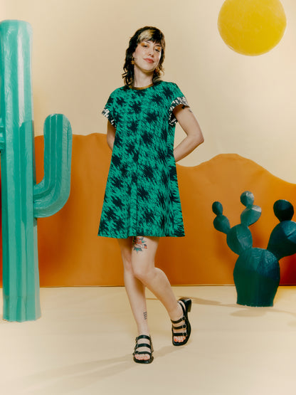 Drop Shoulder Pocket Dress - Houndstooth Print Green + Blown Up Denim Print