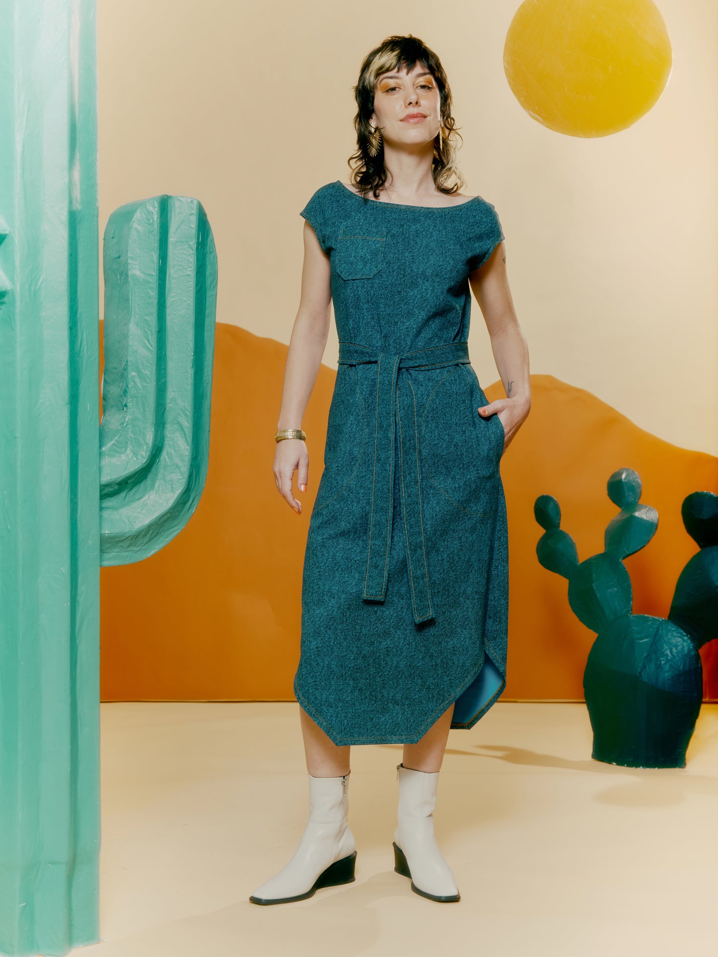 Hexagon Hem Dress - Denim Print Blue