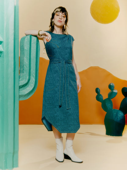 Hexagon Hem Dress - Denim Print Blue