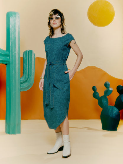 Hexagon Hem Dress - Denim Print Blue