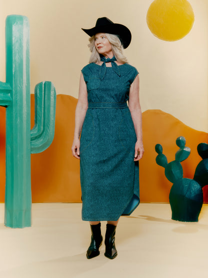 Hexagon Hem Dress - Denim Print Blue