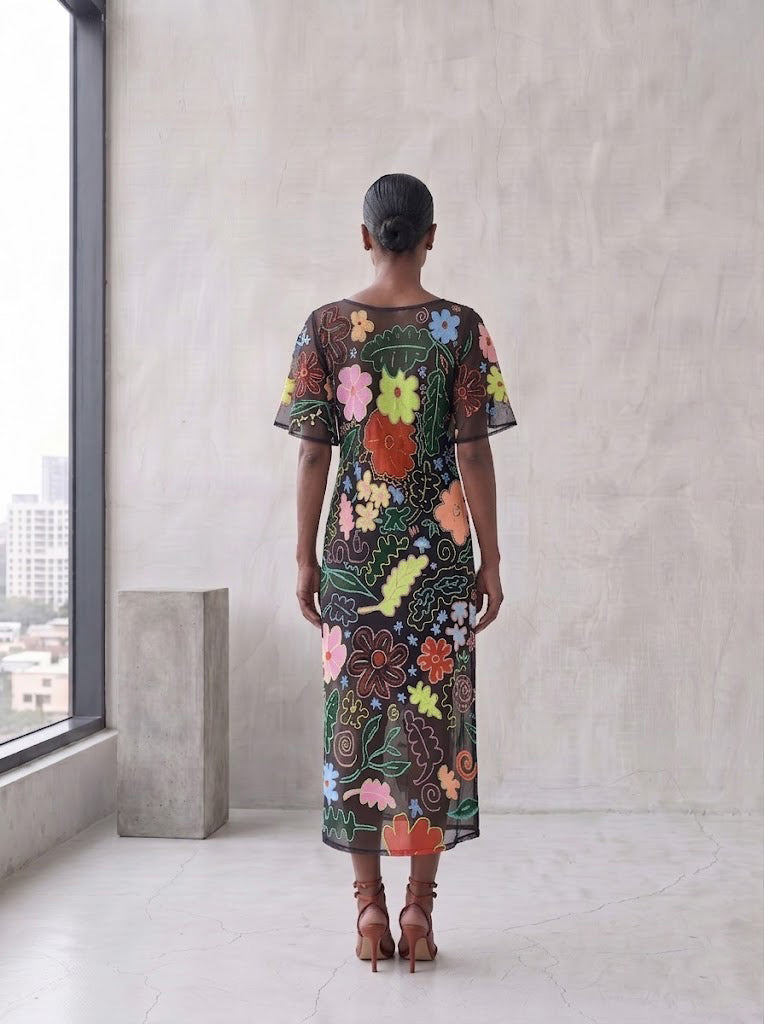Boatneck Midi Dress - Bright Flowers Print