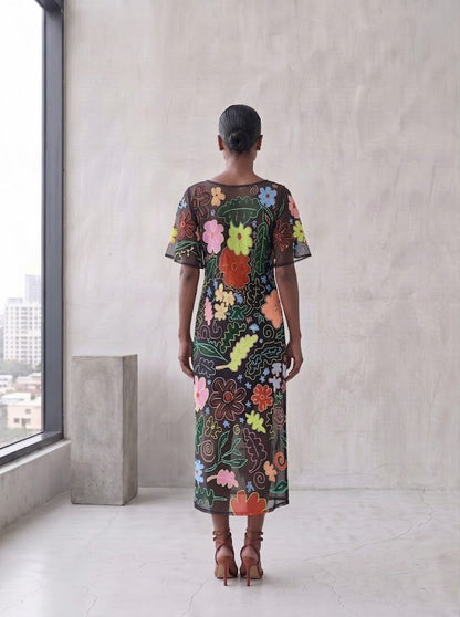 Boatneck Midi Dress - Bright Flowers Print
