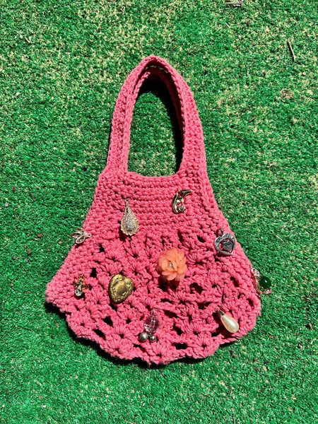 Recycled T-Shirt Crochet Mini Bag - Bedazzled Watermelon #3