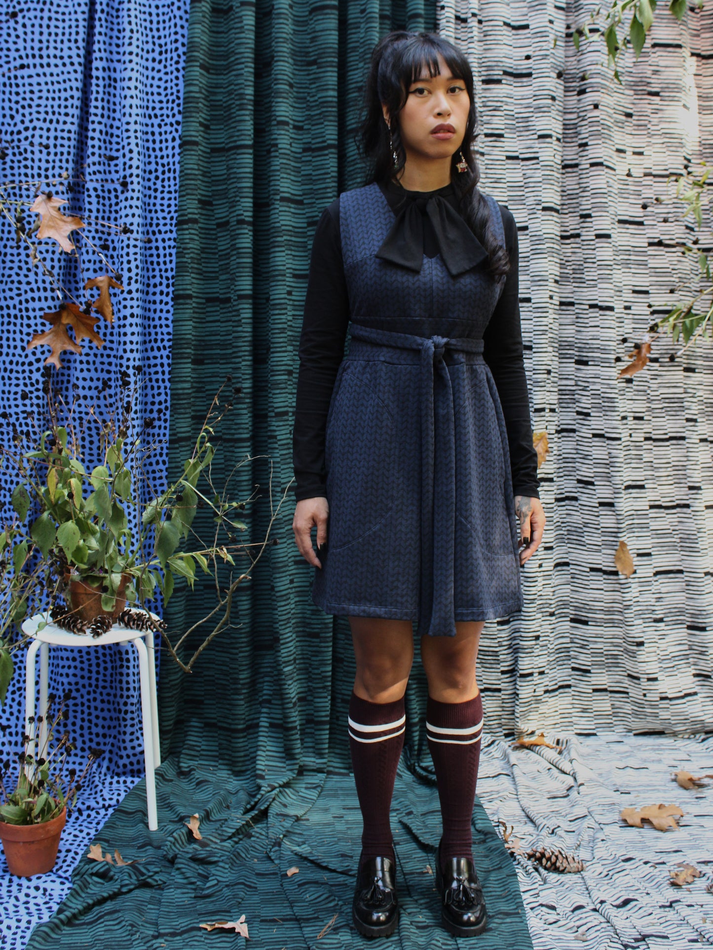 Adjustable Overalls Sweatshirt Dress - Chunky Knit Print