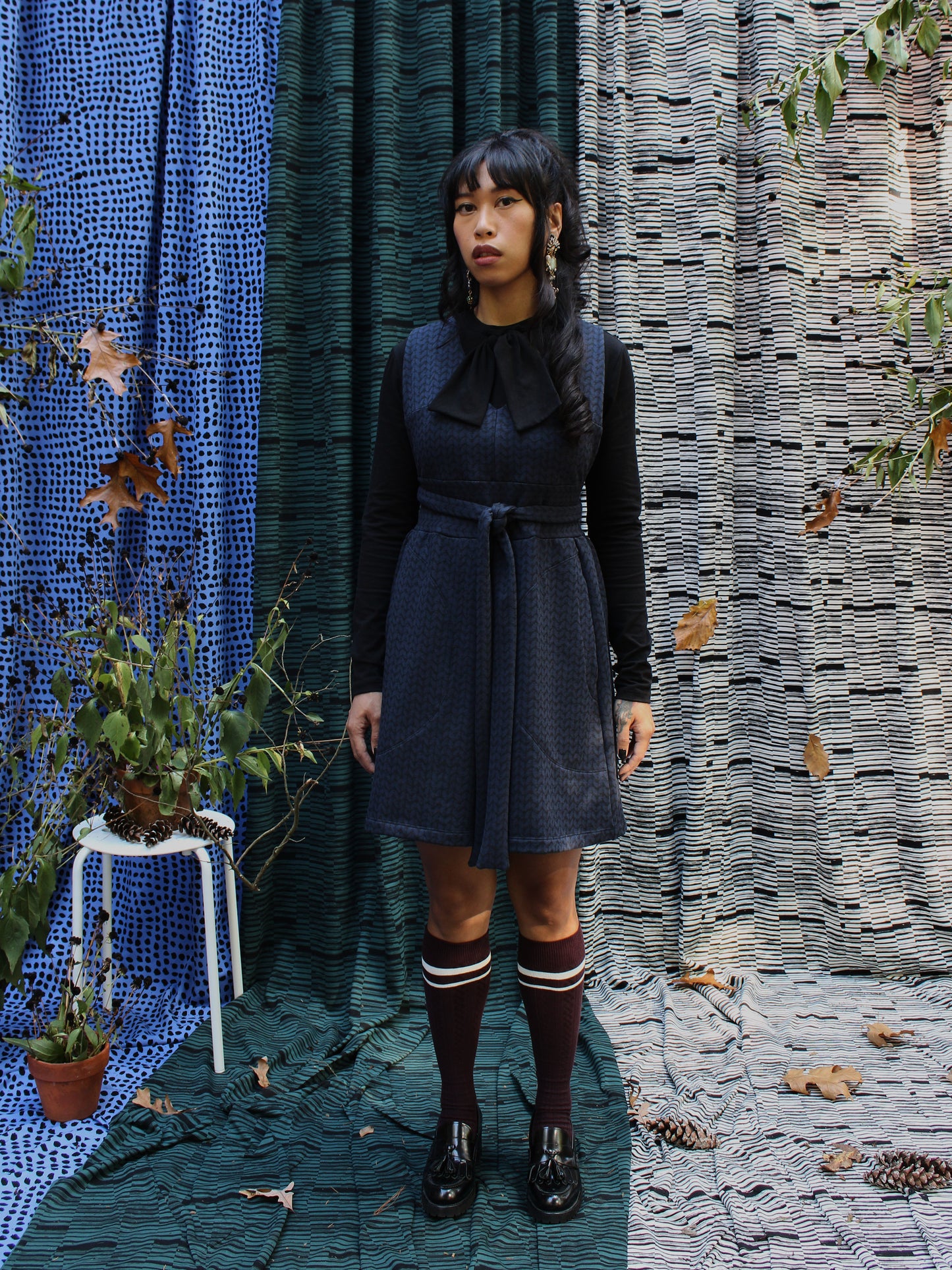 Adjustable Overalls Sweatshirt Dress - Chunky Knit Print