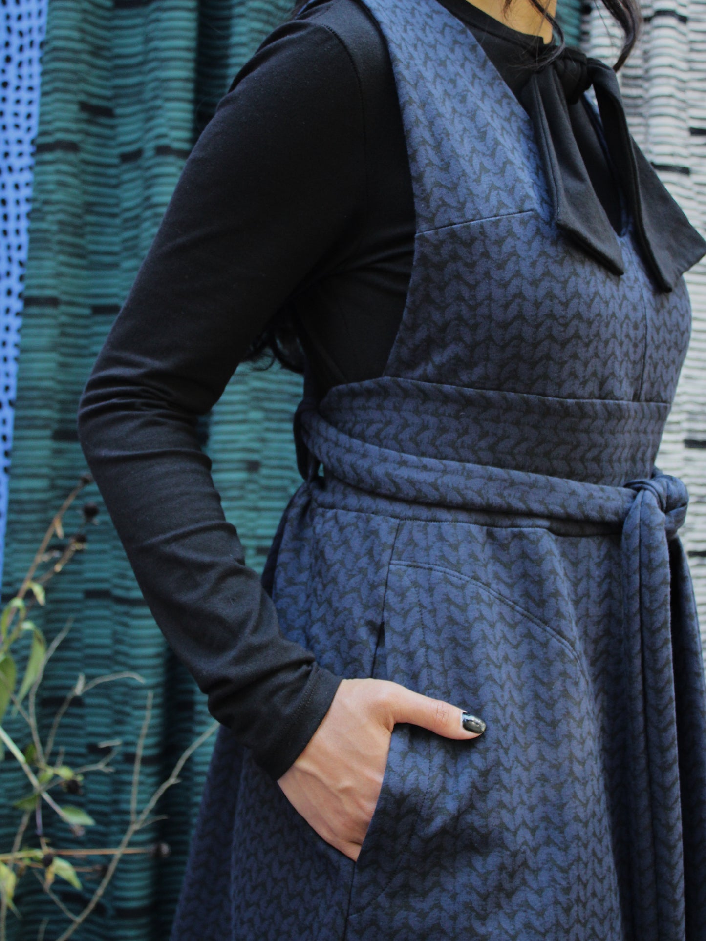 Adjustable Overalls Sweatshirt Dress - Chunky Knit Print