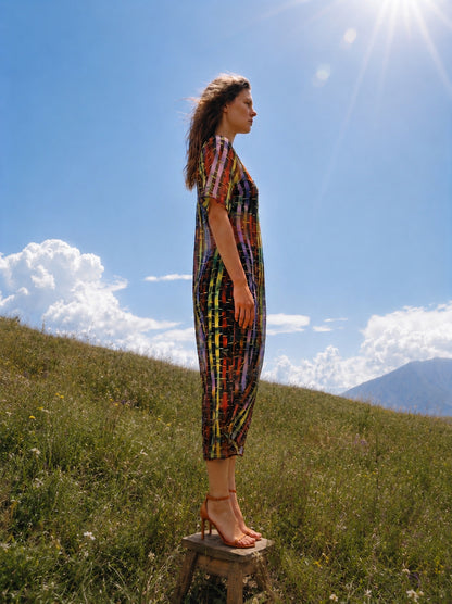Boatneck Midi Dress - Woven Ribbons Print