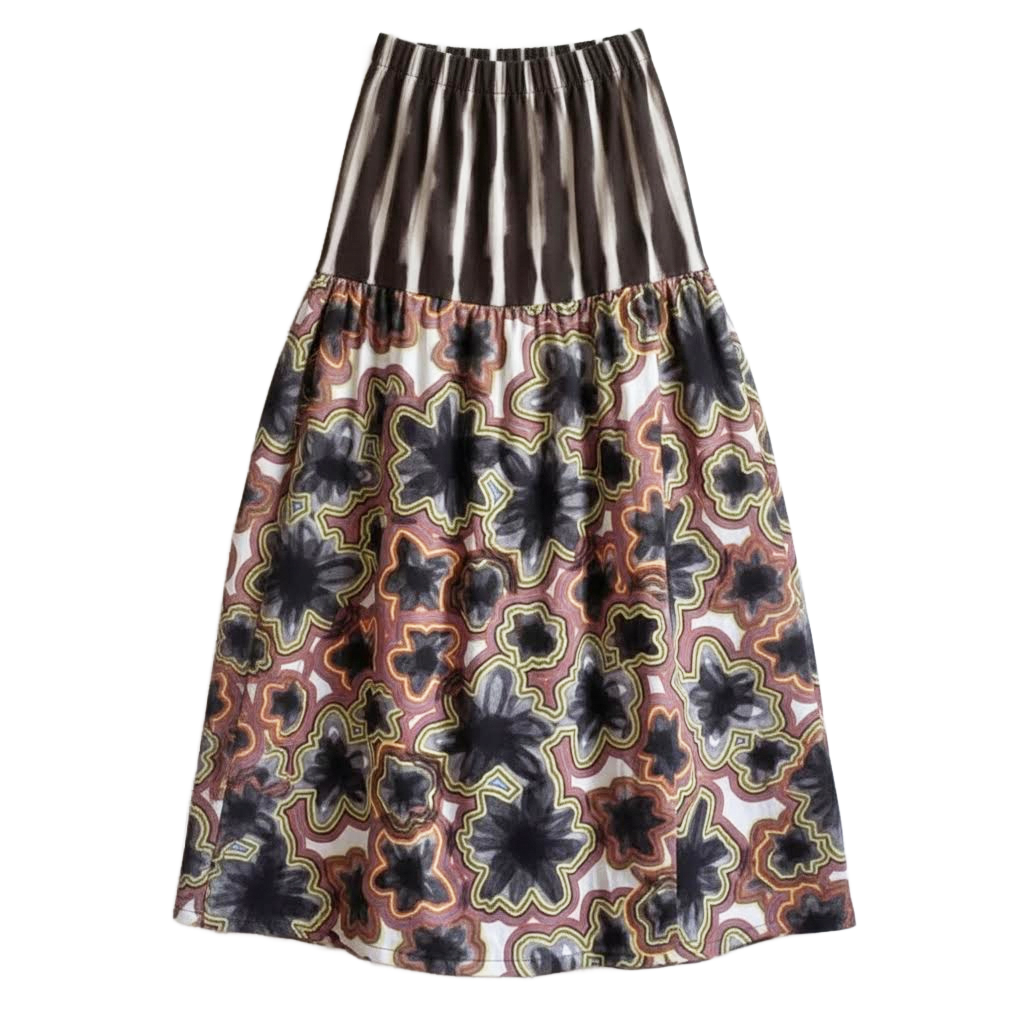 Midi Maxi Skirt - Technicolor Bloom + Black Painterly Stripes