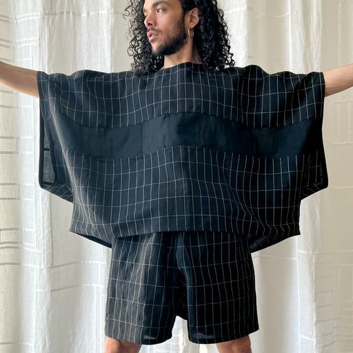 Black Linen and Silk Grid Dolman Shirt