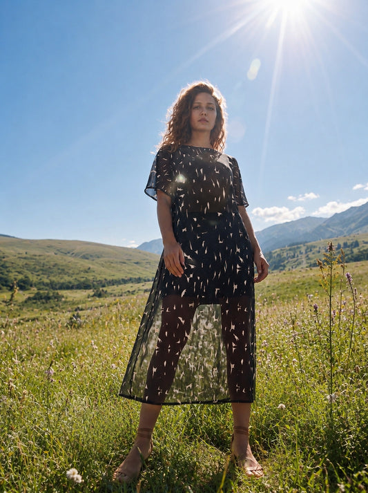 Boatneck Midi Dress - Black + White Big Scribbles Print