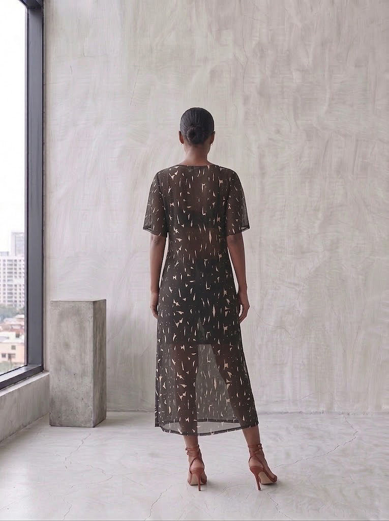 Boatneck Midi Dress - Black + White Big Scribbles Print
