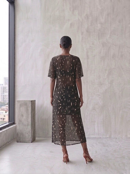 Boatneck Midi Dress - Black + White Big Scribbles Print