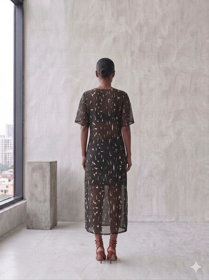 Boatneck Midi Dress - Black + White Big Scribbles Print