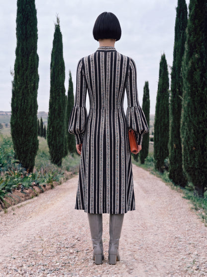 Tie Neck T-shirt Dress w/ Balloon Sleeves - Speckled Stripes
