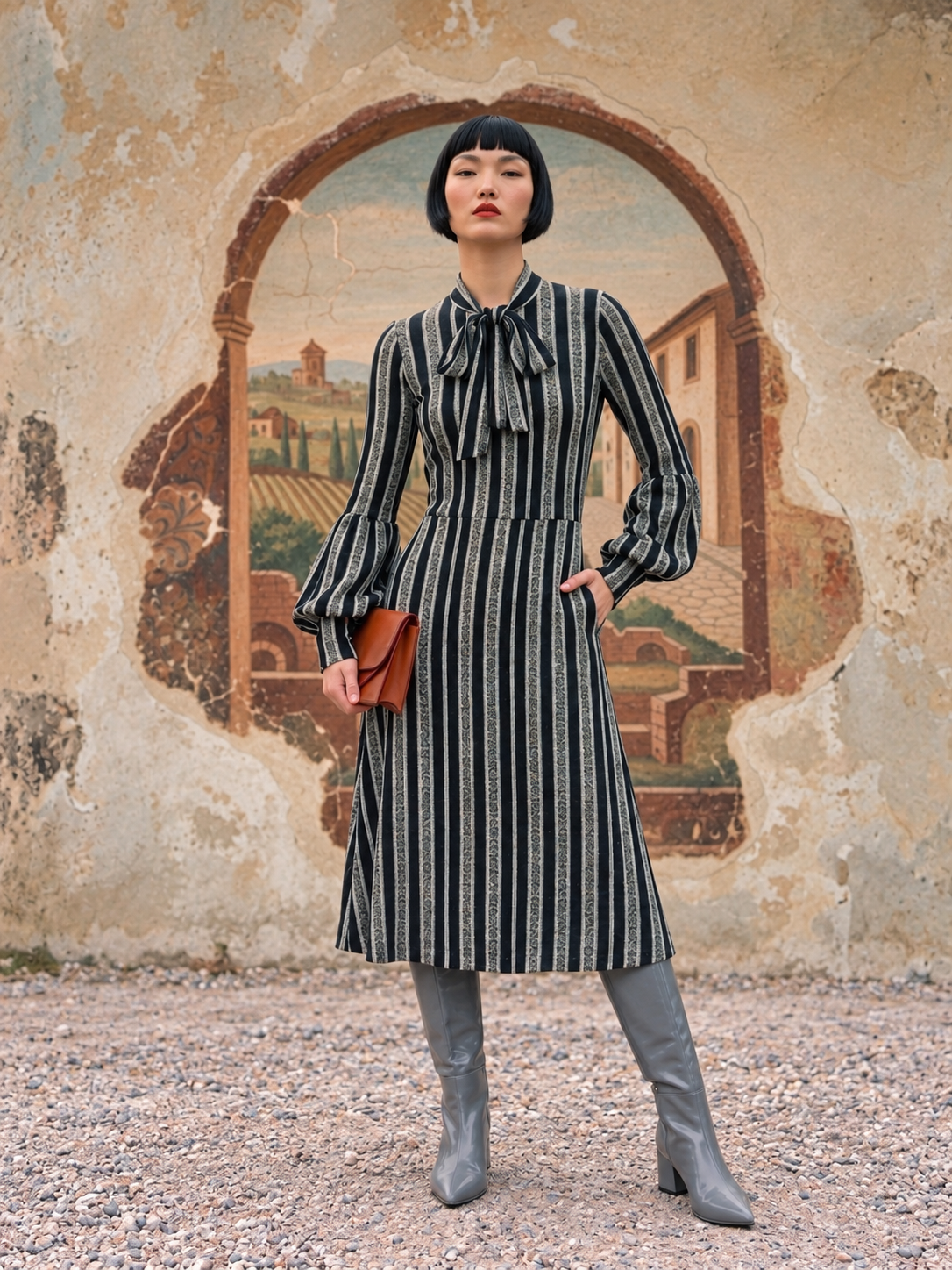 Tie Neck T-shirt Dress w/ Balloon Sleeves - Speckled Stripes