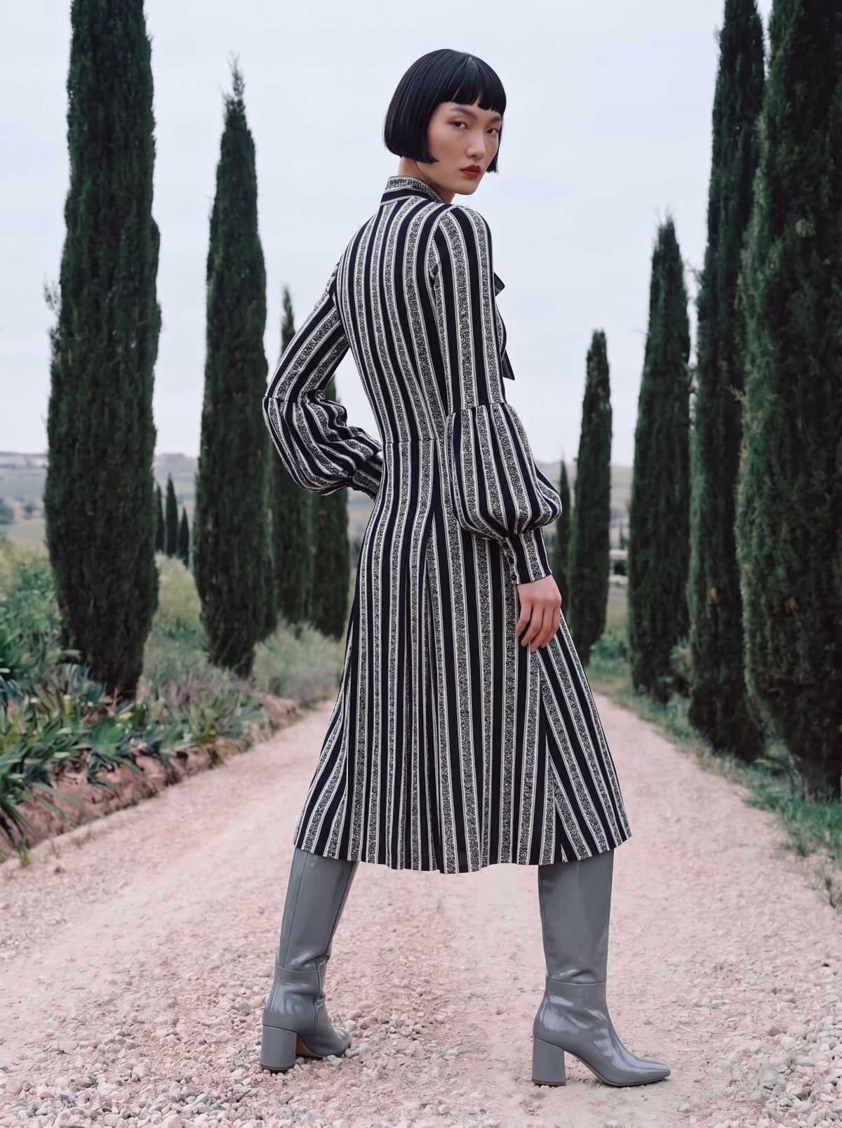 Tie Neck T-shirt Dress w/ Balloon Sleeves - Speckled Stripes
