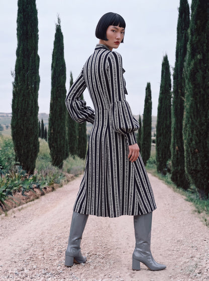 Tie Neck T-shirt Dress w/ Balloon Sleeves - Speckled Stripes