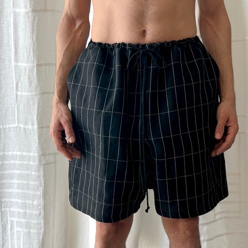 Black Grid Linen Shorts