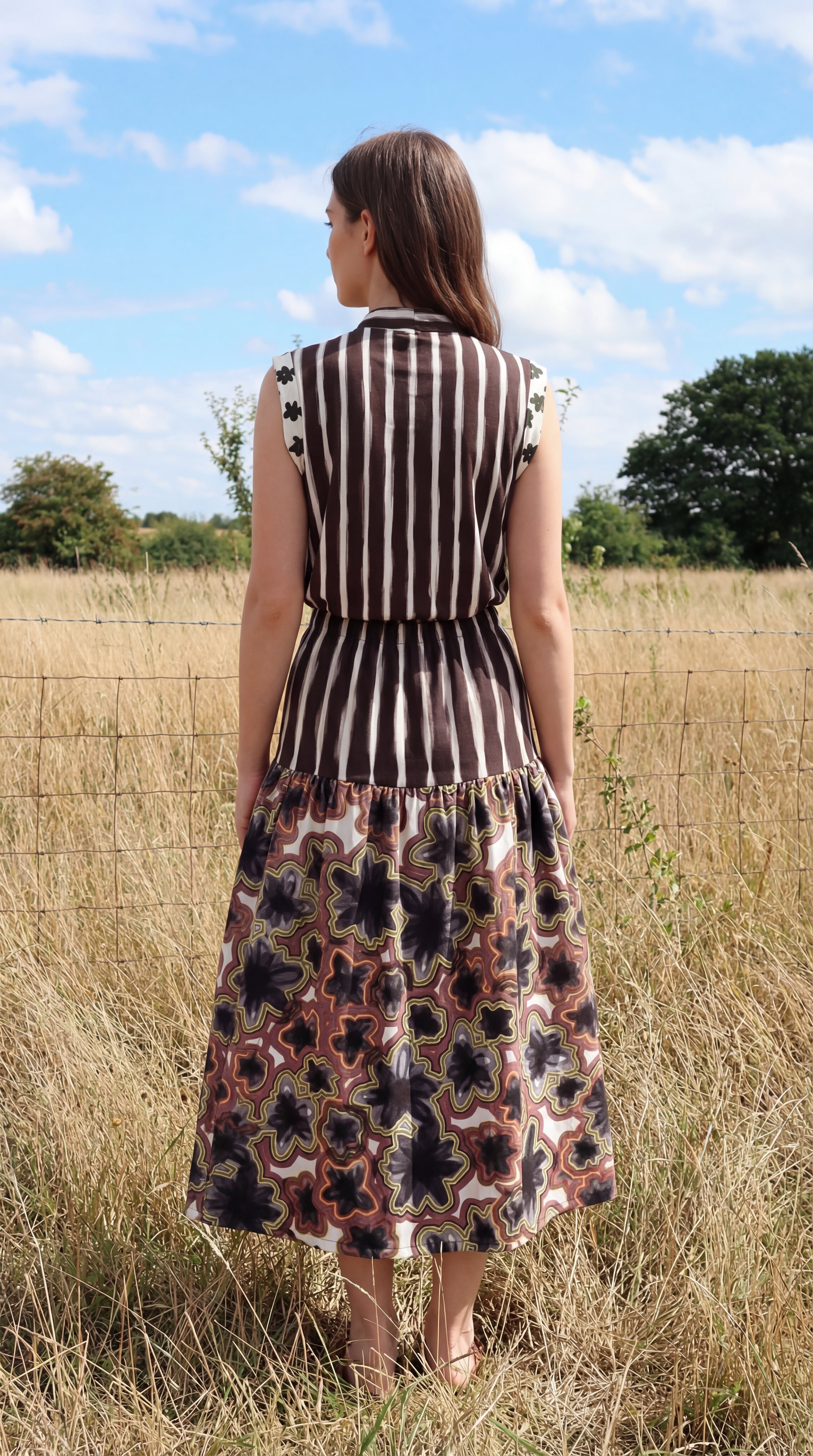 Midi Maxi Skirt - Technicolor Bloom + Black Painterly Stripes