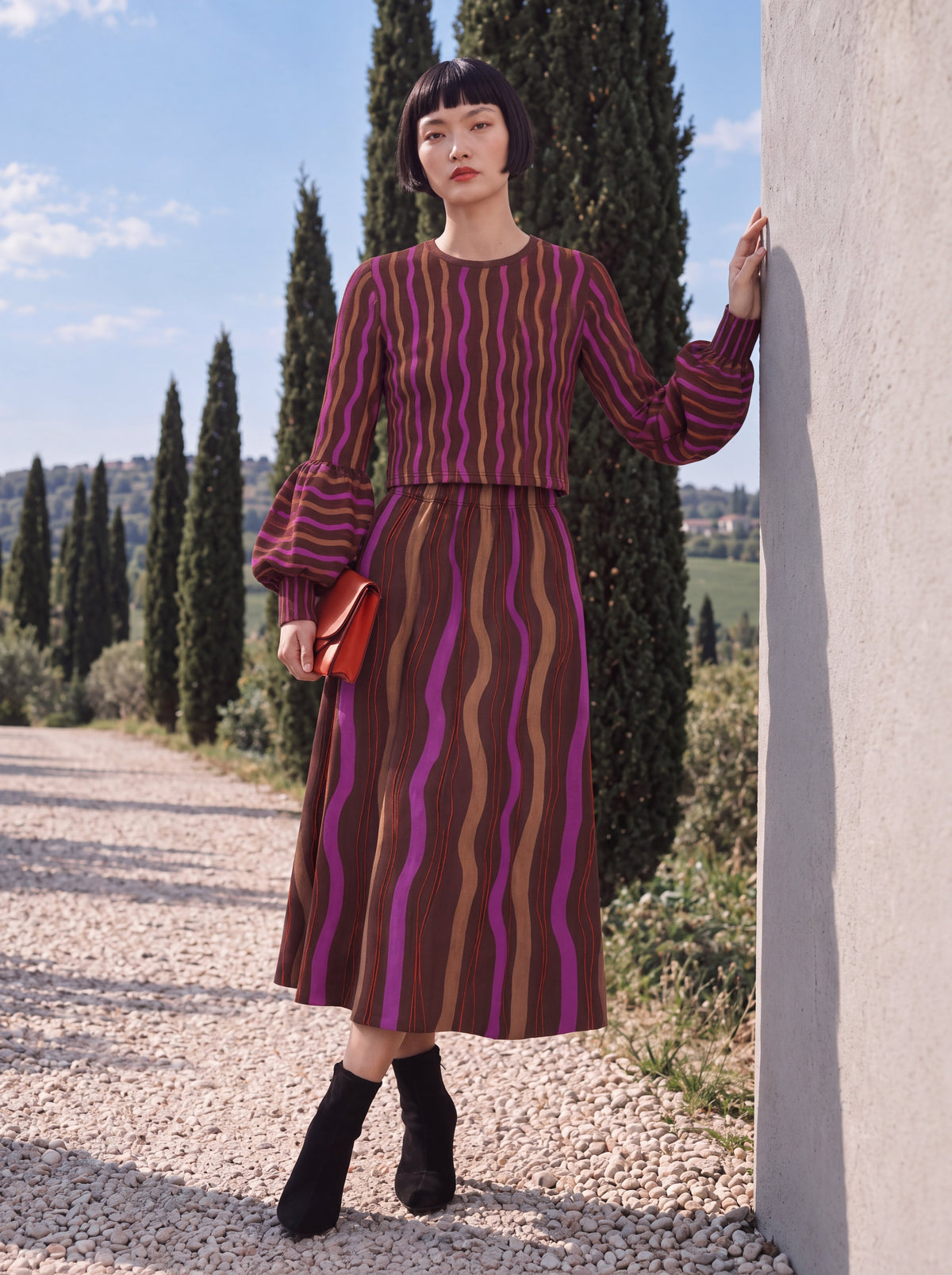 Jersey Midi Skirt with Pockets - Wavy Stripes