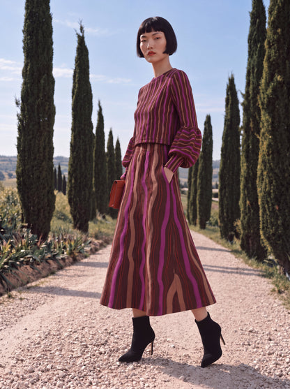 Jersey Midi Skirt with Pockets - Wavy Stripes