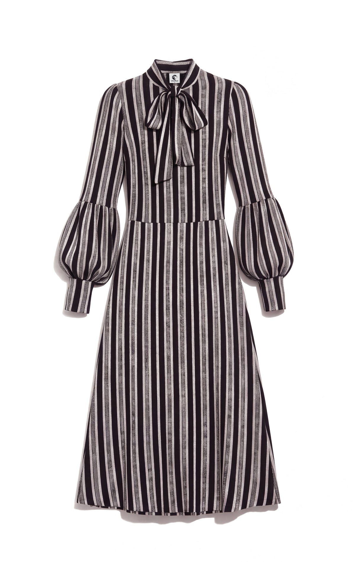 Tie Neck T-shirt Dress w/ Balloon Sleeves - Speckled Stripes