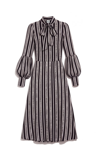 Tie Neck T-shirt Dress w/ Balloon Sleeves - Speckled Stripes