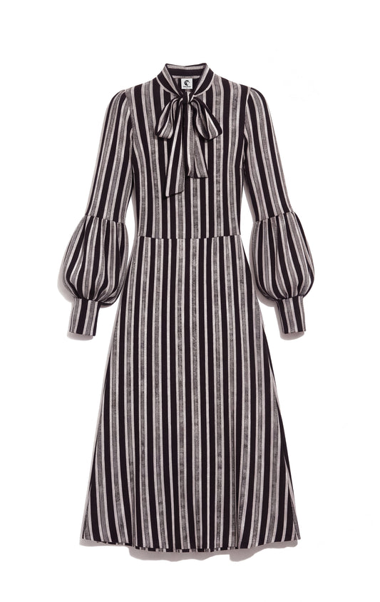 Tie Neck T-shirt Dress w/ Balloon Sleeves - Speckled Stripes